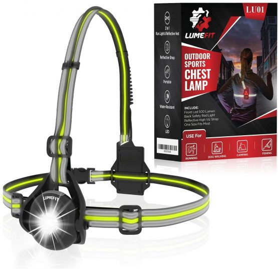 LUMEFIT Run Light, Running Light for Runners Chest LED Lamp - 90° Adjustable Beam Angle, 500 Lumen 360 Degree Reflective Band, USB Rechargeable - Front Body Torch Rear Safety Warning, Jogging Hiking
