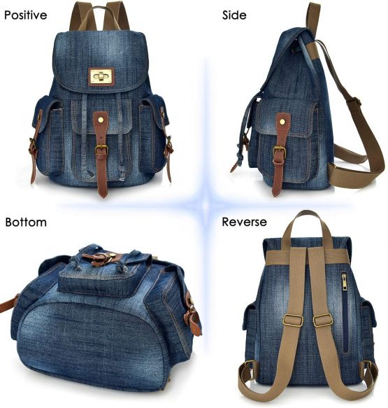 CHEREEKI Backpack, Vintage Jeans Canvas Backpack with Multiple Pockets Fits 14 Inch Laptop for Daypack Casual School and Travel - Image 4