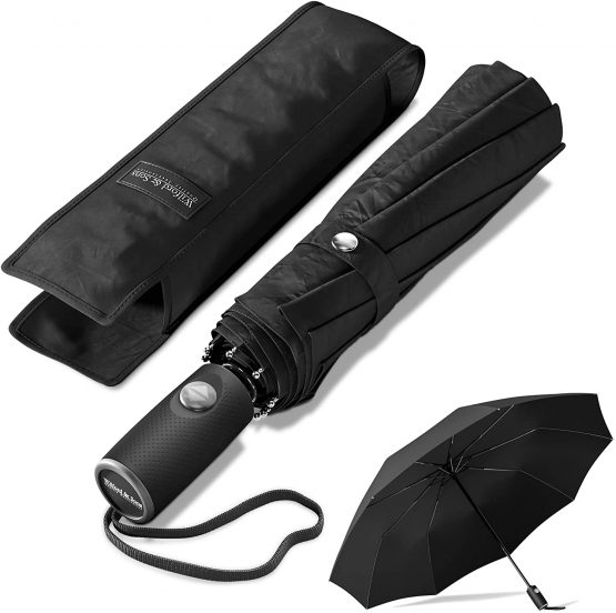 Umbrella Windproof Compact - Strong Storm Proof Frame + Auto Open Close | Women Mens Kids Lightweight Small Travel Folding Golf Brolly + Double Canopy, Ergonomic Handle | Water Resistant Teflon Black