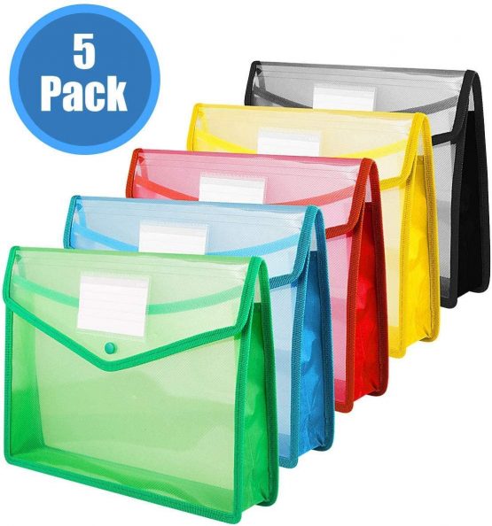 A4 Plastic Wallet Folders with Popper - A+Selected Document Pockets with Button A4 Plastic Envelope Wallets Files A4 for School Office Home - Pack of 5 - Red Blue Yellow Green Black