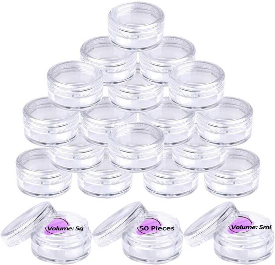 50 Pieces Sample Pots, Empty Cosmetic Jars Set Clear Round Travel Pots for Creams and Powder, 5g/5ml Small Sample Containers Plastic Jars with Lids for Women Make-Up Glitter Nail Art Storage Bottles