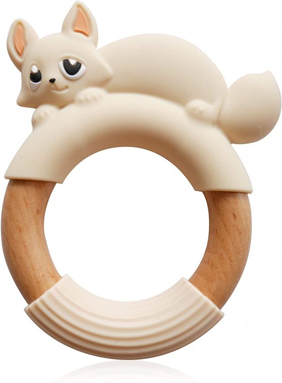 Baby Teether Teething Toy Fox Ring, Natural Safe Beech Wood and BPA Free Wood Grade Silicone, Toddler Teething Relief Soother, by MilkMama (Beige White)
