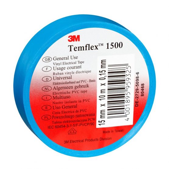 3 M TBLA1525 Temflex 1500 Vinyl Electrical Insulation Tape – Blue, 15 mm x 25 m x 0,15 mm