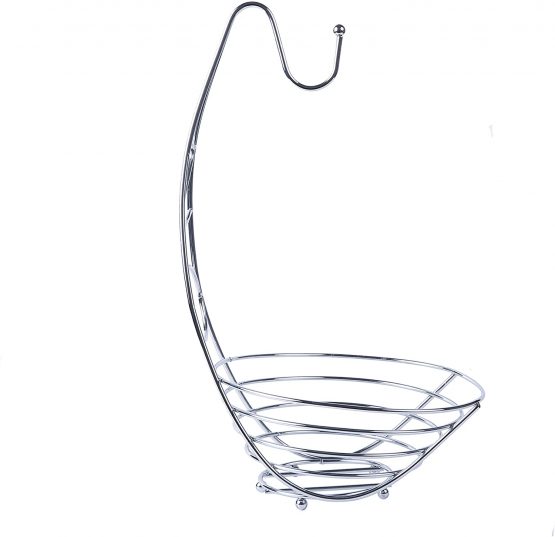 EXZACT Fruit Basket Fruit Bowl with Banana Hook 43cm Tall, Wired Fruit Rack/ Banna Stand Hanger - Silvery Chrome Finish - Image 3