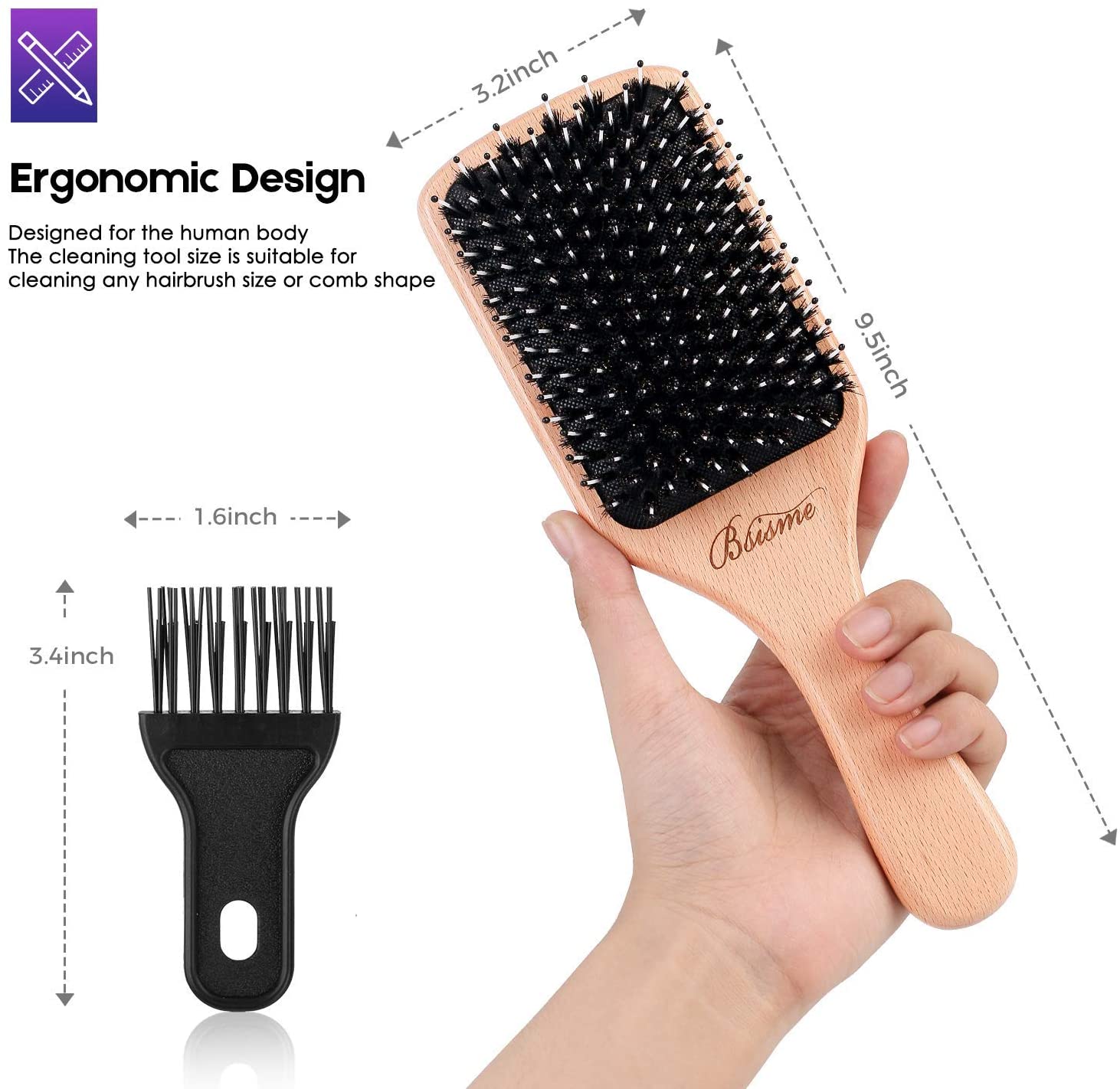 Bsisme Boar Bristle Hair Brush Women Mens with Soft Nylon, Detangle Curly Thick Hair Wooden Paddle Hairbrush and Comb - Image 4