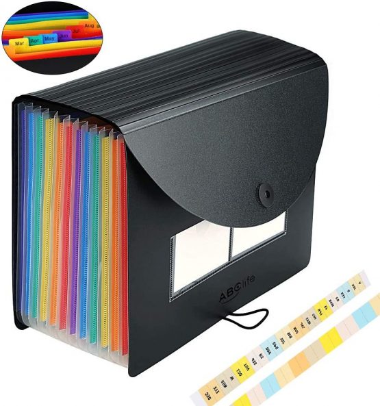 Expanding File Folder - ABC life 12 Pockets Portable Rainbow A4 File Organiser Self Standing Accordion Document Filing Box High Capacity Storage Bag for Home & Office & School (12 Pocket with Cover)