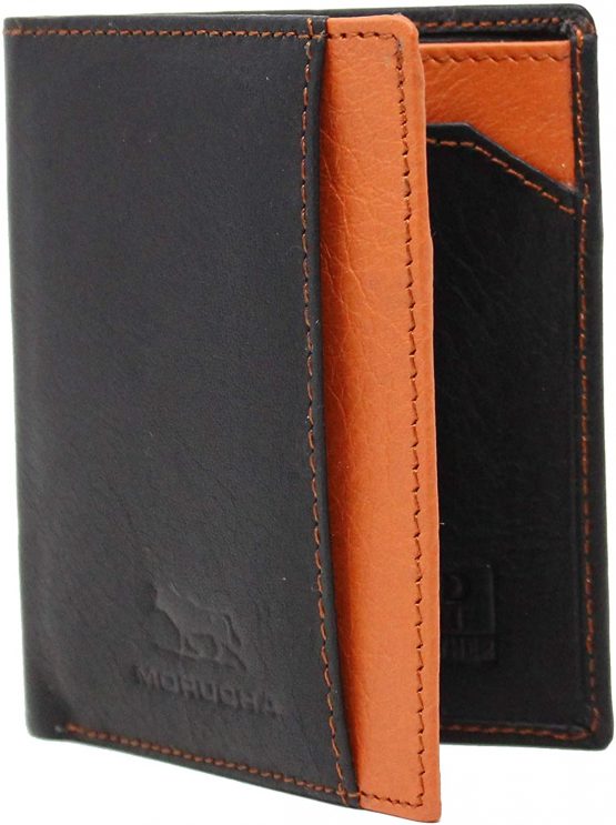 MORUCHA Mens RFID Blocking Super Slim Cardholder Minimalist Leather Bifold Wallet M65 Black Tan - Image 2