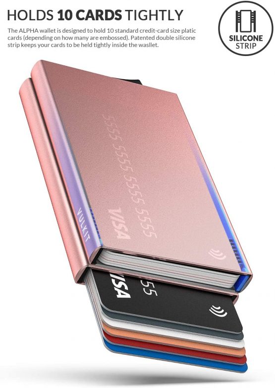 VULKIT Credit Card Holder RFID Protection, Pop Up Metal Card Holder with Double Card Cases Slim Smart Wallet for 10 Cards, Rose Gold - Image 4