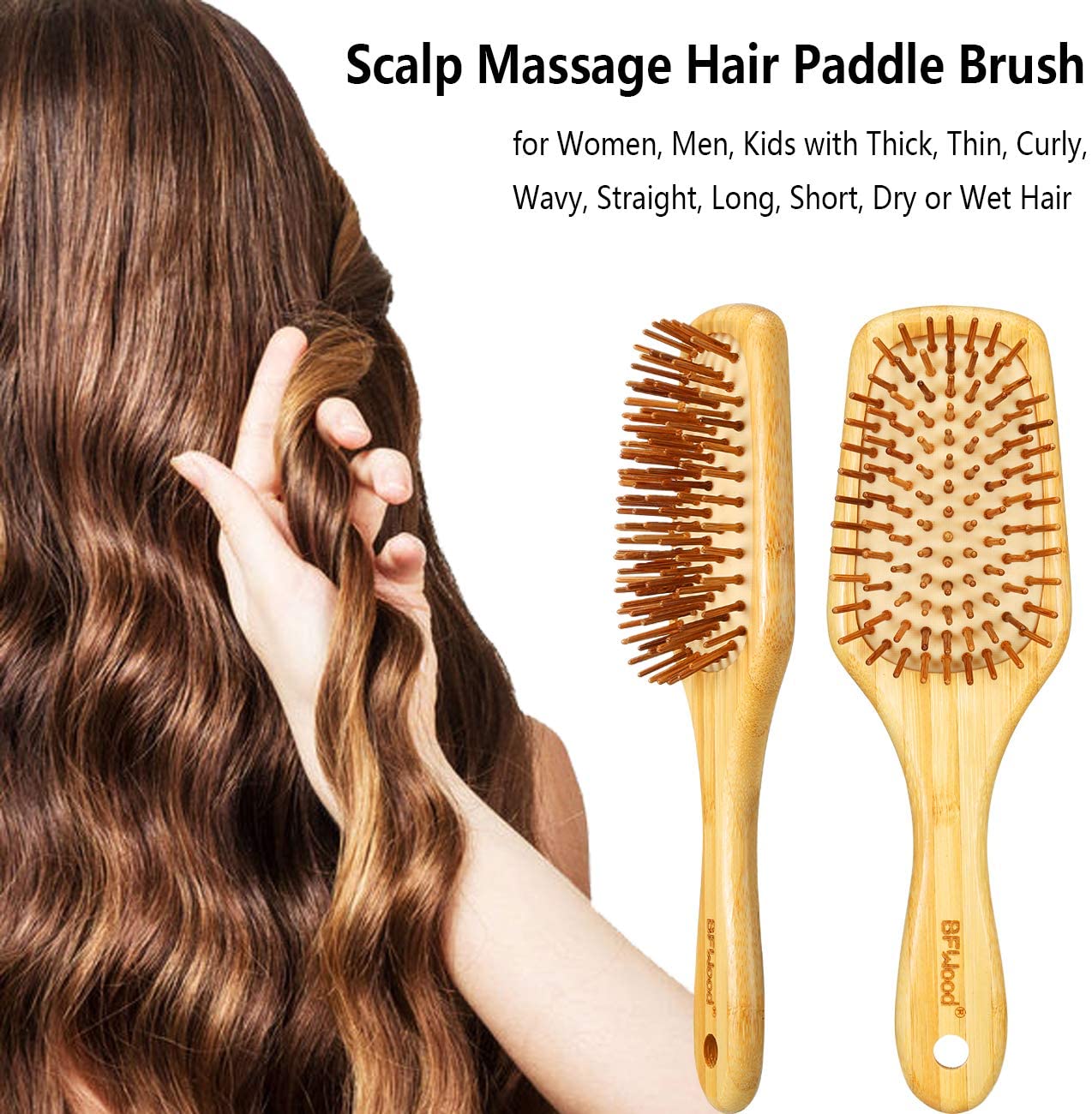 BFWood Bamboo Handle with Bamboo Bristles Paddle Hairbrush for Massaging Scalp - Big Handle - Image 3