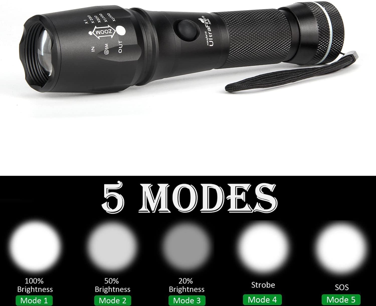 ULTRAFIRE 16-Inch Signal Traffic Wand LED Torch 980 Lumens, Zoomable Tactical Torch 5 Modes Safty Flashlight - Image 2