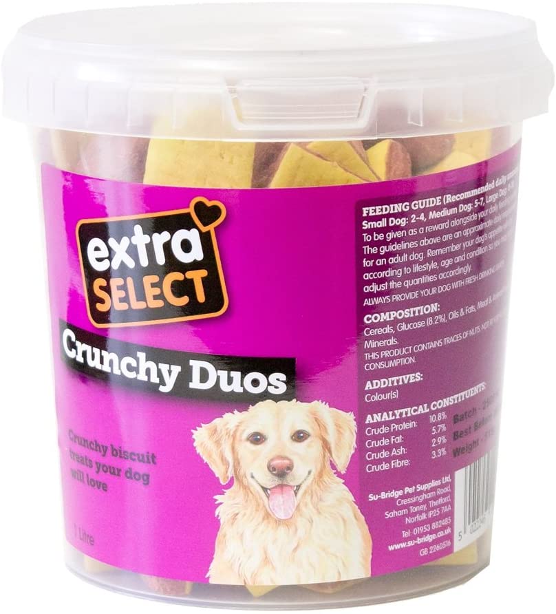 Extra Select Crunchy Duos Dog Treat Biscuits in a 1ltr Bucket (approx 120 biscuits), 1 l (Pack of 1)