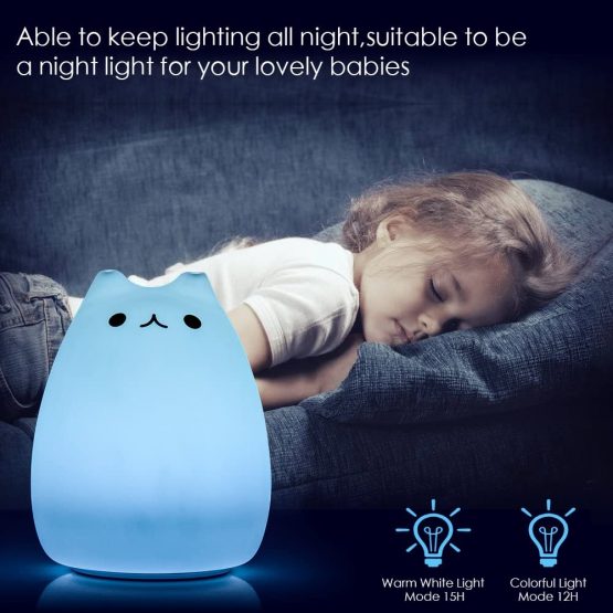 Children Night Light, 7 Colour LED Cute Silicone Cat Lamp, USB Rechargeable Touch-Control, Bedside Light Nursery Lamp for Baby Kid, Multicolor Fairy Light Decoration, Soft Decompression Toy Gift - Image 2