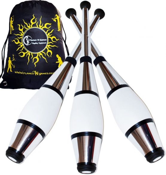 Juggle Dream EURO PRO Juggling Clubs Set of 3 (Silver) Metallic Deco Trainer Clubs + Flames N Games Travel Bag! Great Club Juggling Set For Beginners & Advanced Jugglers! - Image 2