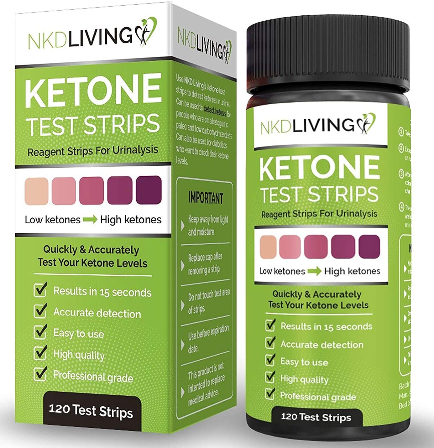 NKD Living Ketone Test Strips (120 Strips in 2 x 60 Keep Fresh Packs) Accurately Detect and Measure your state of ketosis in seconds