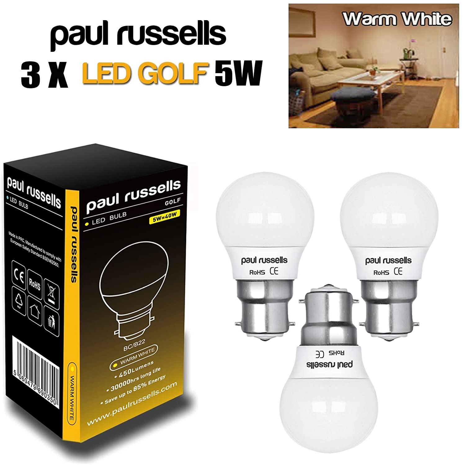 paul russells LED Light Bayonet Cap B22, 40w Equivalent, 4.9W 470 Lumens LED Bulbs, 2700K Bright Warm White - Image 2