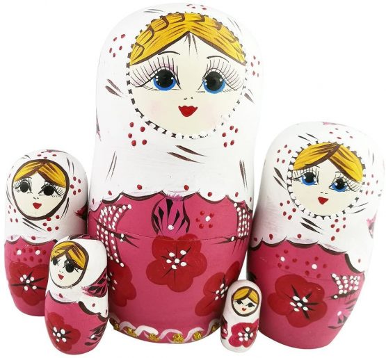 Set of 5 Rustic Style Red Flower Pink Matryoshka Dolls Russian Nesting Dolls Wooden Stacking Toy Handmade Gift Wooden Folk Dolls Kids Gift Funny Gifts Kids Room Decor
