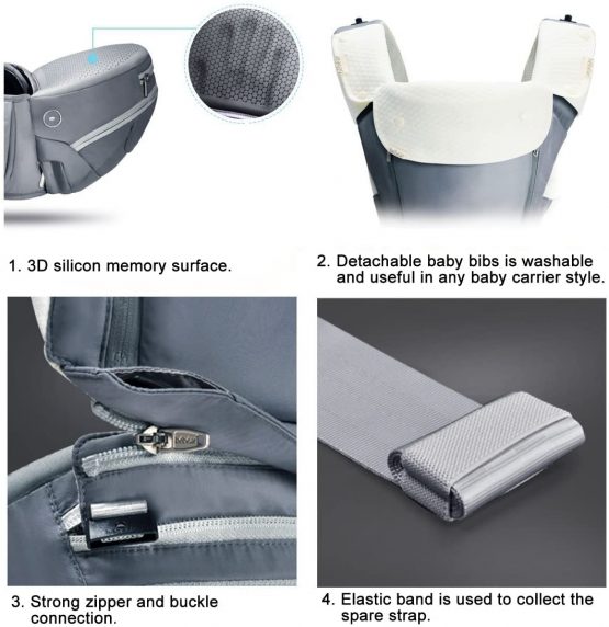 Bebamour Baby Carrier Newborn to Toddler, 6 in 1 Baby Carrier for 0-36 Months, 100% Cotton, Foldable Baby Hipseat Attached 3pcs Baby Drool Bibs (Noble Grey) - Image 4