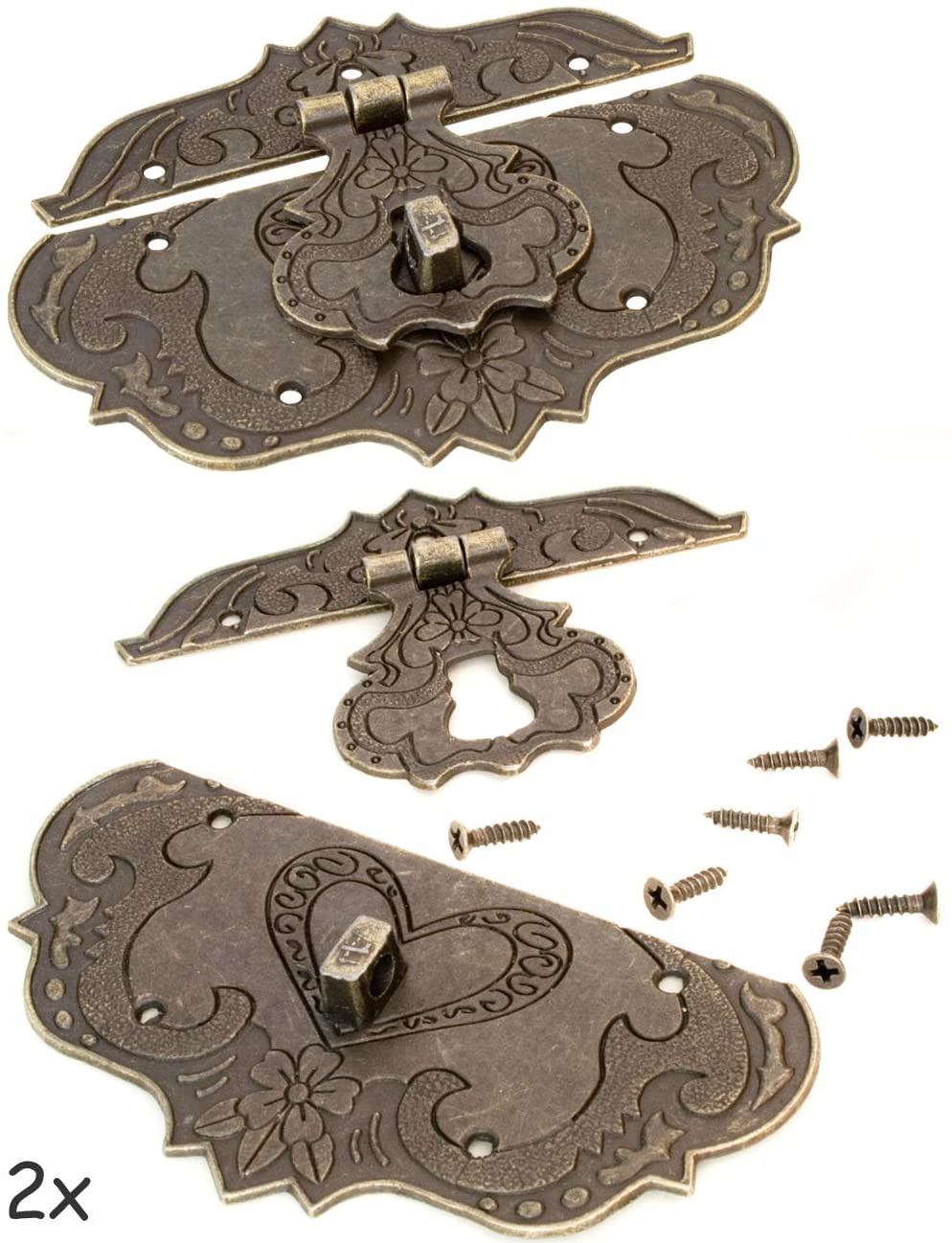 FUXXER® - 2 x antique clasps, bronze iron design, furniture clasps, fittings for padlock locks on chests boxes slider, 75 x 58 mm including screws, set of 2 - Image 3