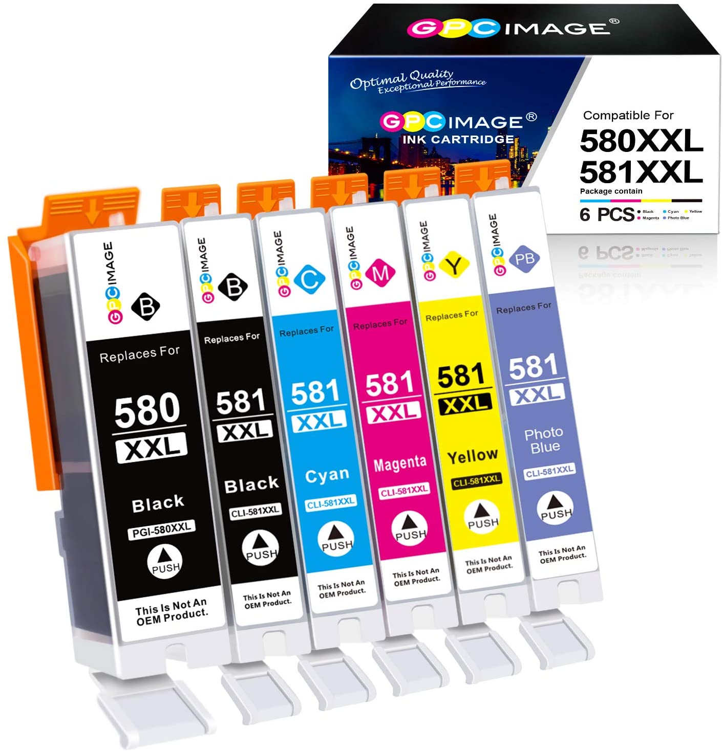 GPC Image 6-Pack 580 581XXL Ink Cartridges Compatible for Canon 580 & 581 Ink Cartridges for Canon PIXMA TS6350 TS6150 TS6250 TS6300 TS705A TS8150 TR8550 TS6151 TS8250 TR8500 (PGBK/BK/C/M/Y/PB)