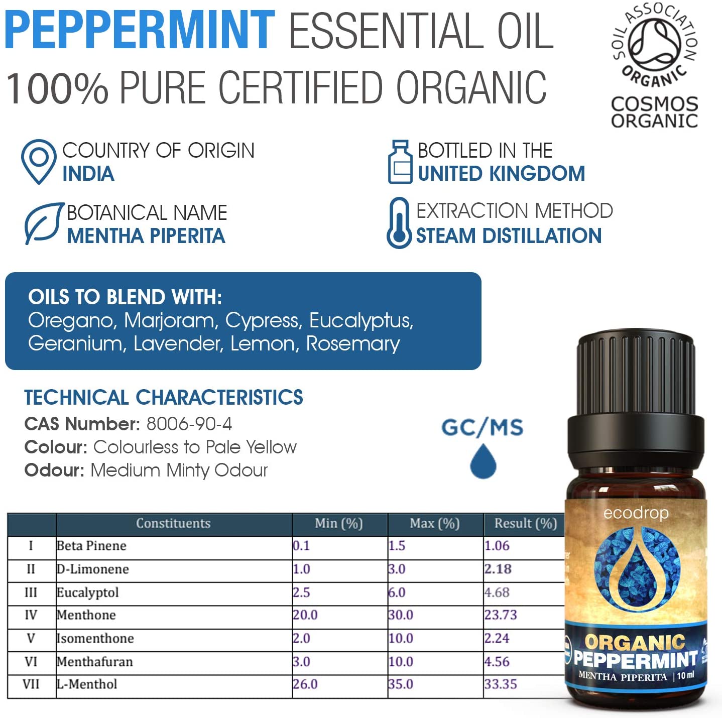 Ecodrop Peppermint Essential Oil I 10ml I Certified Organic and 100% Pure Essential Oils I Natural & Organic for Aromatherapy I Massage Diffusers & Bath - Image 2