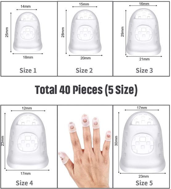 40 Pieces Guitar Fingertip Protectors Silicone Finger Guards Anti-Slip Finger Protection Covers Caps for Stringed Instruments Guitar Mandolin Bass Counting Sewing, 5 Sizes (Transparent) - Image 3