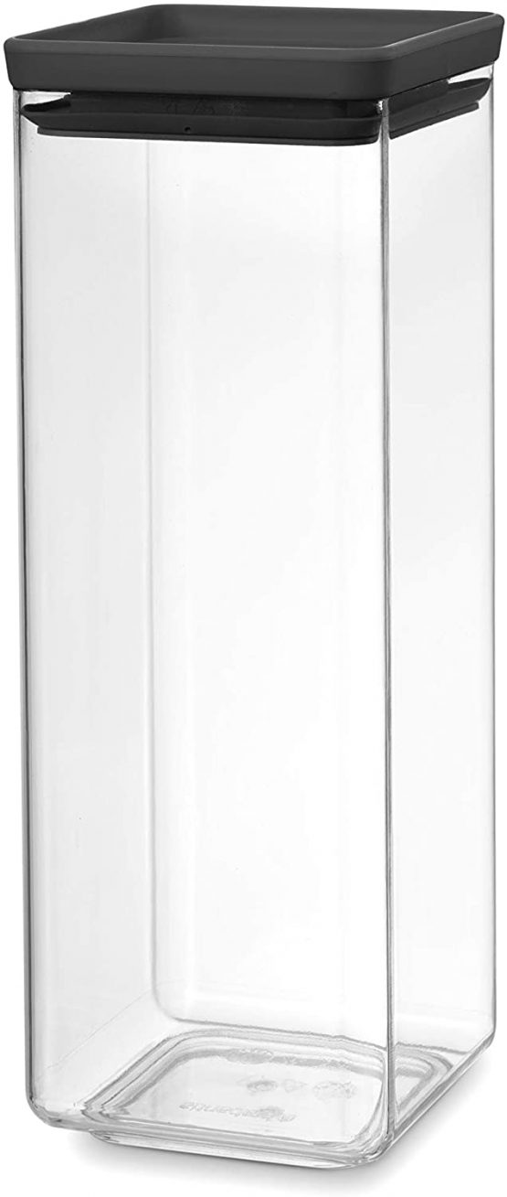Brabantia Tasty+ Square Stackable 2.5L Food Canister/Storage Jar (Dark Grey) Space Saving Transparent Plastic Tubs with Lids