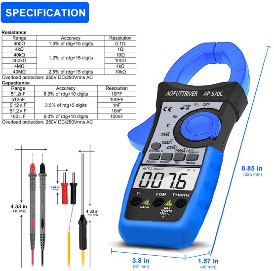 Digital Clamp Meter Multimeter AP-570C 4000 Counts Auto Range Clamp Meter Ammeter AC/DC Voltage Current Resistance Capacitance Frequency Temp Duty Cycle Diode Test with LCD Backlit Auto Off Data Hold - Image 3