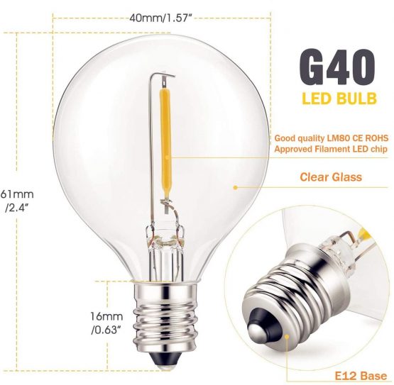 25 Pack G40 LED Replacement Bulbs: 0.6 Watt, Warm White, Candelabra Screw Base, Fits E12 and C7 Sockets for G40 Globe String Lights, Indoor/Outdoor Use, Secure & Convenient Packaging - Image 2