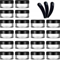 JamHooDirect 20Pcs Empty Cosmetic Pots Round Clear Plastic Sample Containers with Black Screw Cap Lid & 3 Pieces Mini Spatula for Cosmetics, Sample, Lotion, Creams, Make Up, Beads, Charms Storage (10g