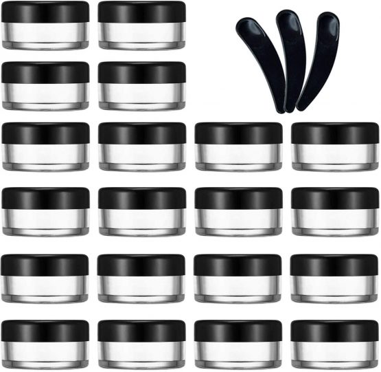 JamHooDirect 20Pcs Empty Cosmetic Pots Round Clear Plastic Sample Containers with Black Screw Cap Lid & 3 Pieces Mini Spatula for Cosmetics, Sample, Lotion, Creams, Make Up, Beads, Charms Storage (10g