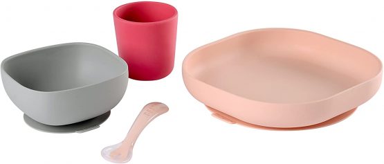 Béaba - Silicone Feeding Meal Set - Set of 4 Pieces : Plate + Bowl + Cup + Spoon - Silicone with Strong Suction pad - Baby and Children - Pink - Image 2