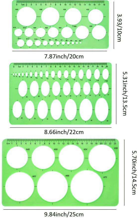 Circle Template 3 Pieces Plastic Circle and Oval Templates Measuring Templates Rulers Digital Drawing for Office and School Building Formwork Drawings Templates (Clear Green) - Image 2