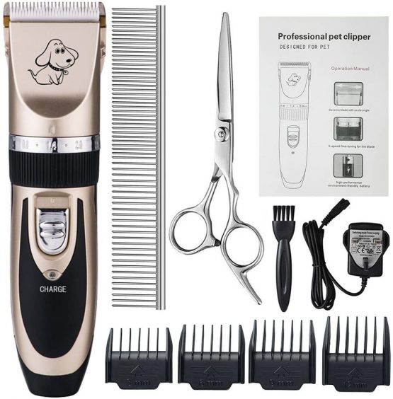 Otstar Dog Clippers, Rechargeable Cordless Dog Grooming Clipper Kit for Dogs Cats and Other Animals with Stainless Steel Comb and Scissors, Low Noise Low Vibration Dog Shaver (Black and Gold)