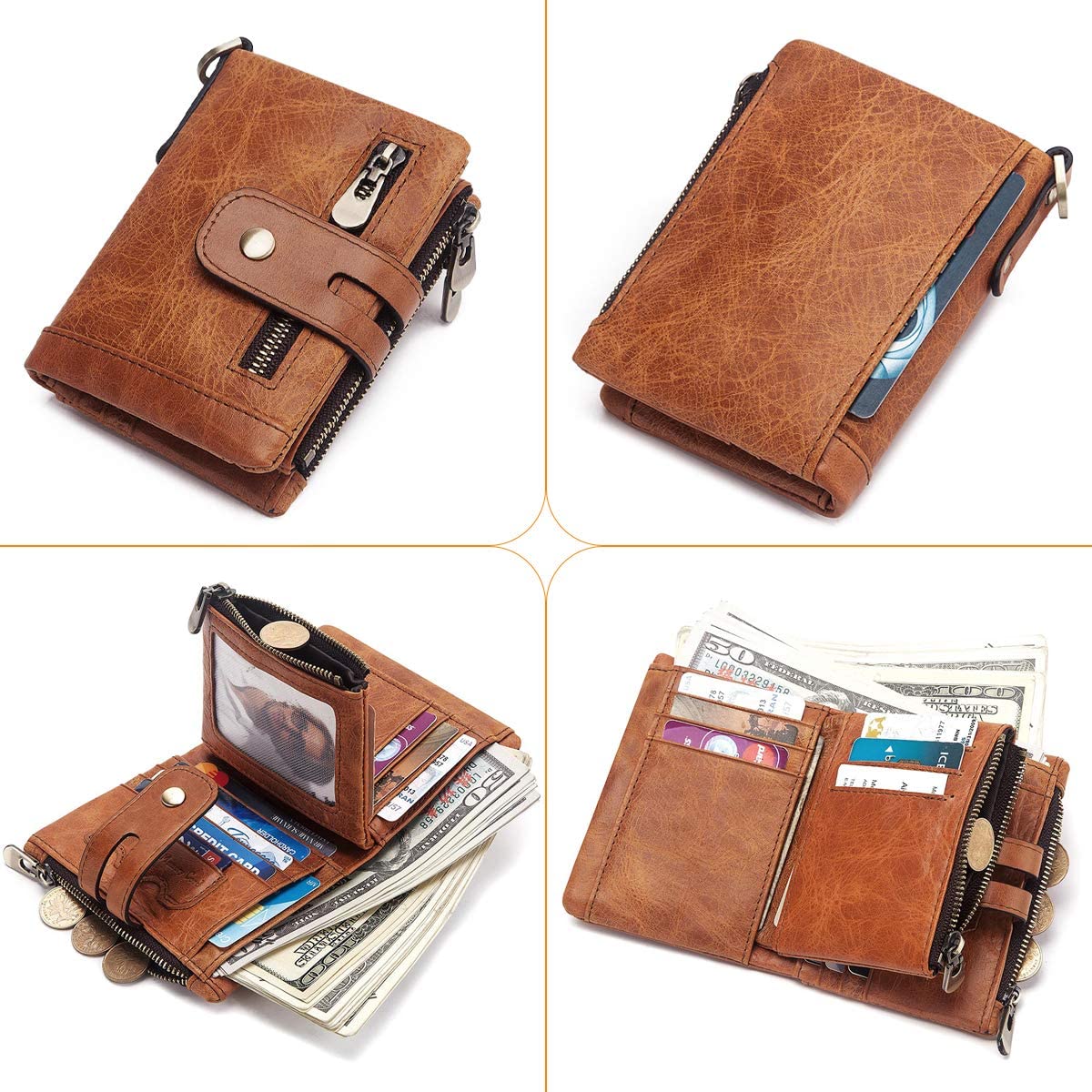 REETEE Mens Wallet RFID Blocking Men's Genuine Leather Wallet and Zipper Coin Pocket Bifold Purse with Chain 16 Credit Card Holder Genuine Leather Gents Wallets Slim Purse (Light Brown) - Image 2