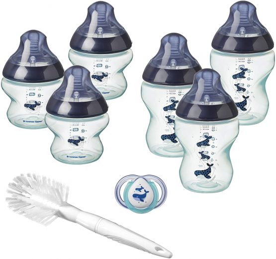 Tommee Tippee Closer to Nature® Newborn Baby Bottle Starter Set, Breast-Like Teats with Anti-Colic Valve, Neutral Whale Decoration