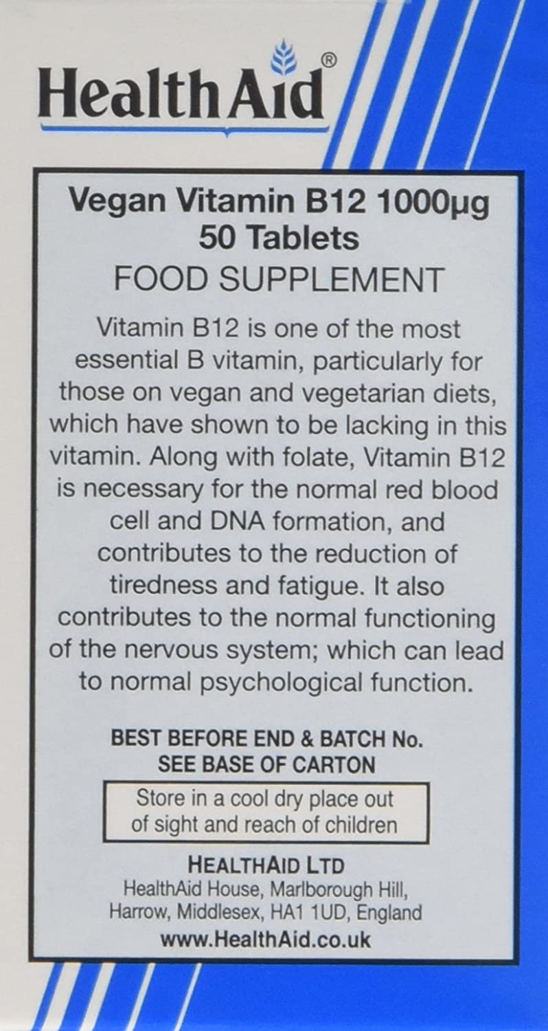 HealthAid Vitamin B12 (Cyanocobalamin) 1000ug - Prolong Release - 50 Tablets, White, 50 count (Pack of 1) - Image 3