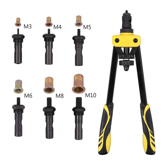 AUTOUTLET Rivet Nut Pliers Set, 14" Professional Rivet Pliers Set with M3 M4 M5 M6 M8 M10 6X Chrome-molybdenum Steel Mandrels, 150 PCS Rivet Nuts, Non-slip Handle for Thick Metal Sheets (Yellow) - Image 2