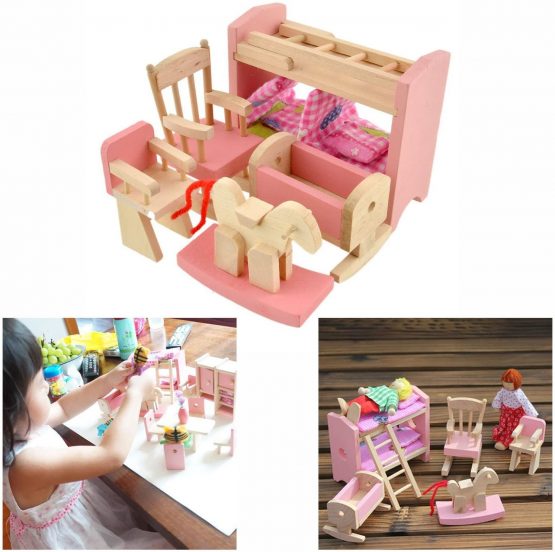 Cisixin Pink Wooden Dolls Toy Furniture Bedroom Pretend Play Toy miniature bedroom set - Image 2