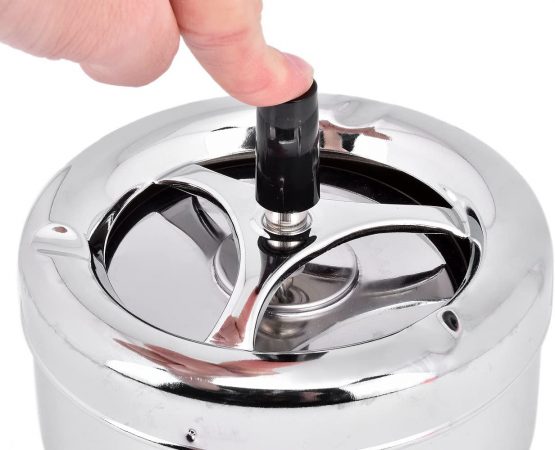 Round Push Down Ashtray with Spinning Tray Metal Cigarette Ash Tray Large 5.2 Inches Home Ashtray for Outside Patio - Silver - Image 3