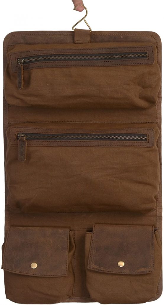 KomalC Premium Buffalo Leather Hanging Toiletry Bag Travel Dopp Kit, Distressed Tan