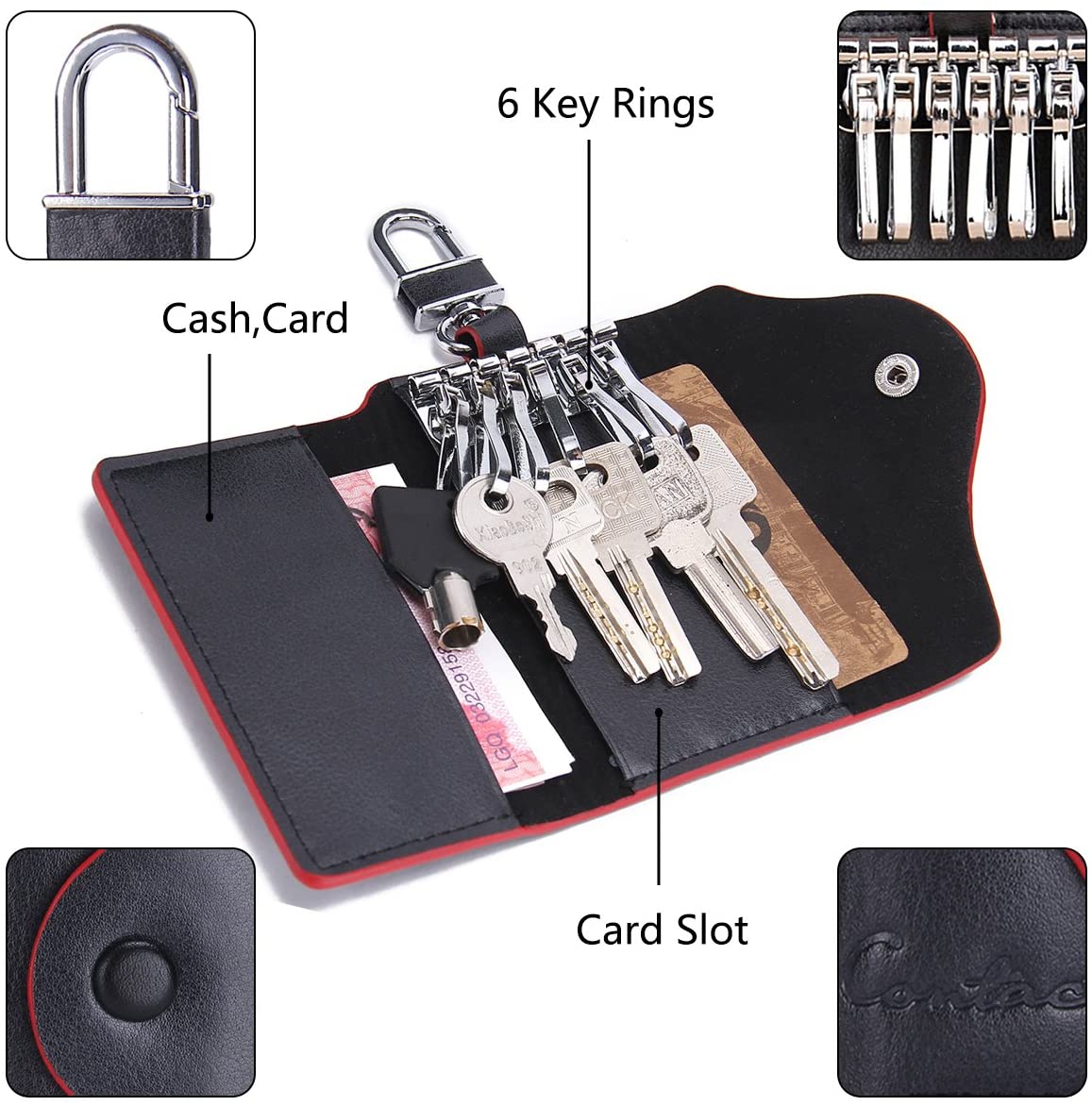 Contacts Mens Genuine Leather Cowhide Car Key Case Card ID Holder Wallet Black, standard size - Image 2