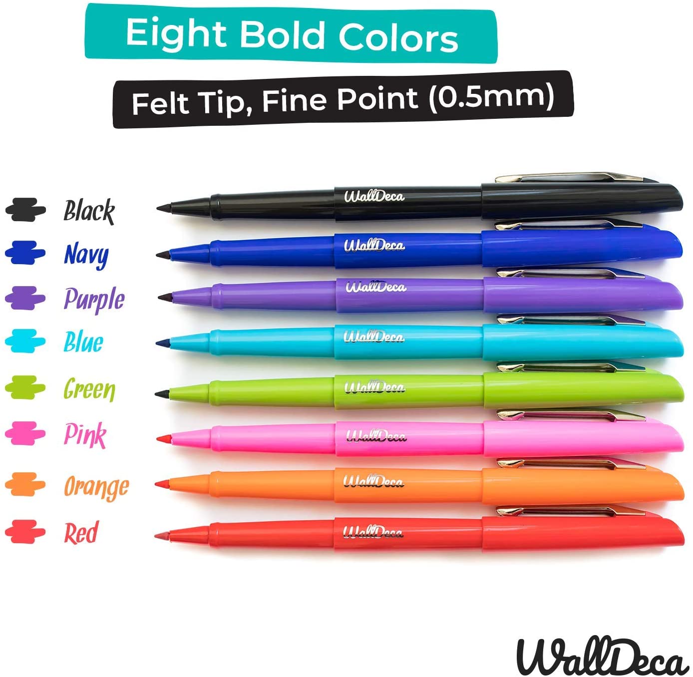 WallDeca Felt Tip Pens, Fine Point (0.5mm), Assorted Rainbow Colors, 8