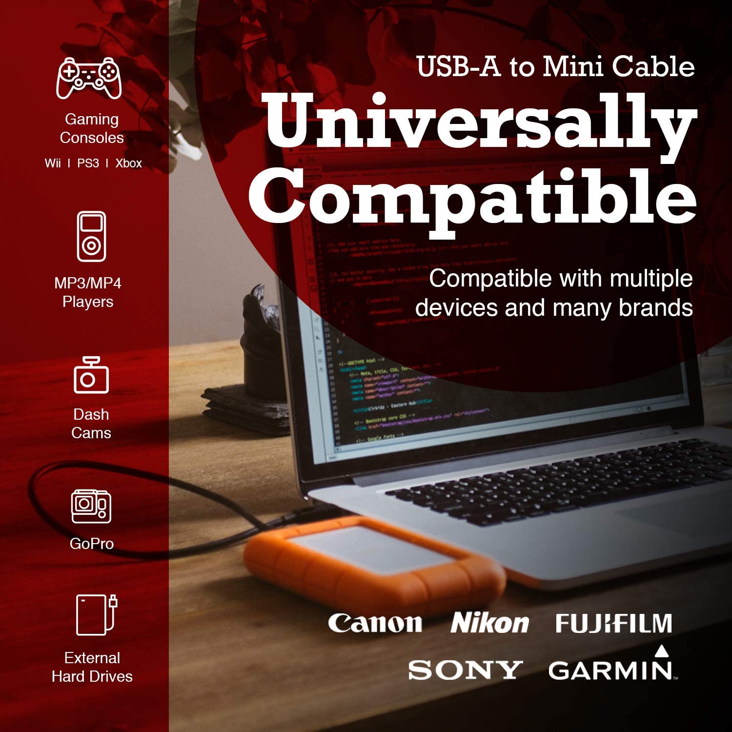 rhinocables USB to Mini B 5-Pin Cable, Black, 1m - Image 2