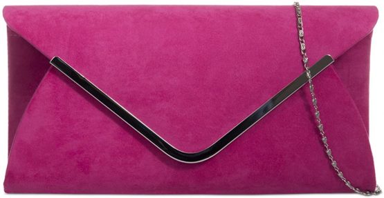 Pink Envelope Clutch Bag, Cerise Faux Suede Evening Bag with Silver Tone Metal Trim, Ladies Purple Possum Fuchsia Shoulder Bag, Prom Wedding Handbag - Image 2