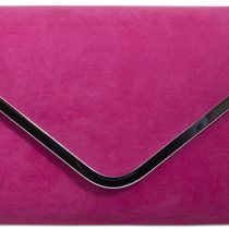 Pink Envelope Clutch Bag, Cerise Faux Suede Evening Bag with Silver Tone Metal Trim, Ladies Purple Possum Fuchsia Shoulder Bag, Prom Wedding Handbag