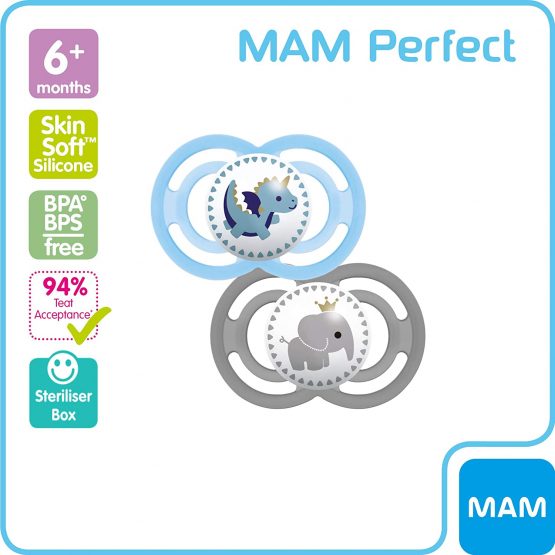 MAM Perfect Soothers 6+ Months (Pack of 2), Thinner and Softer Baby Soothers with Self Sterilising Travel Case, Newborn Essentials, Blue (Designs May Vary) - Image 2