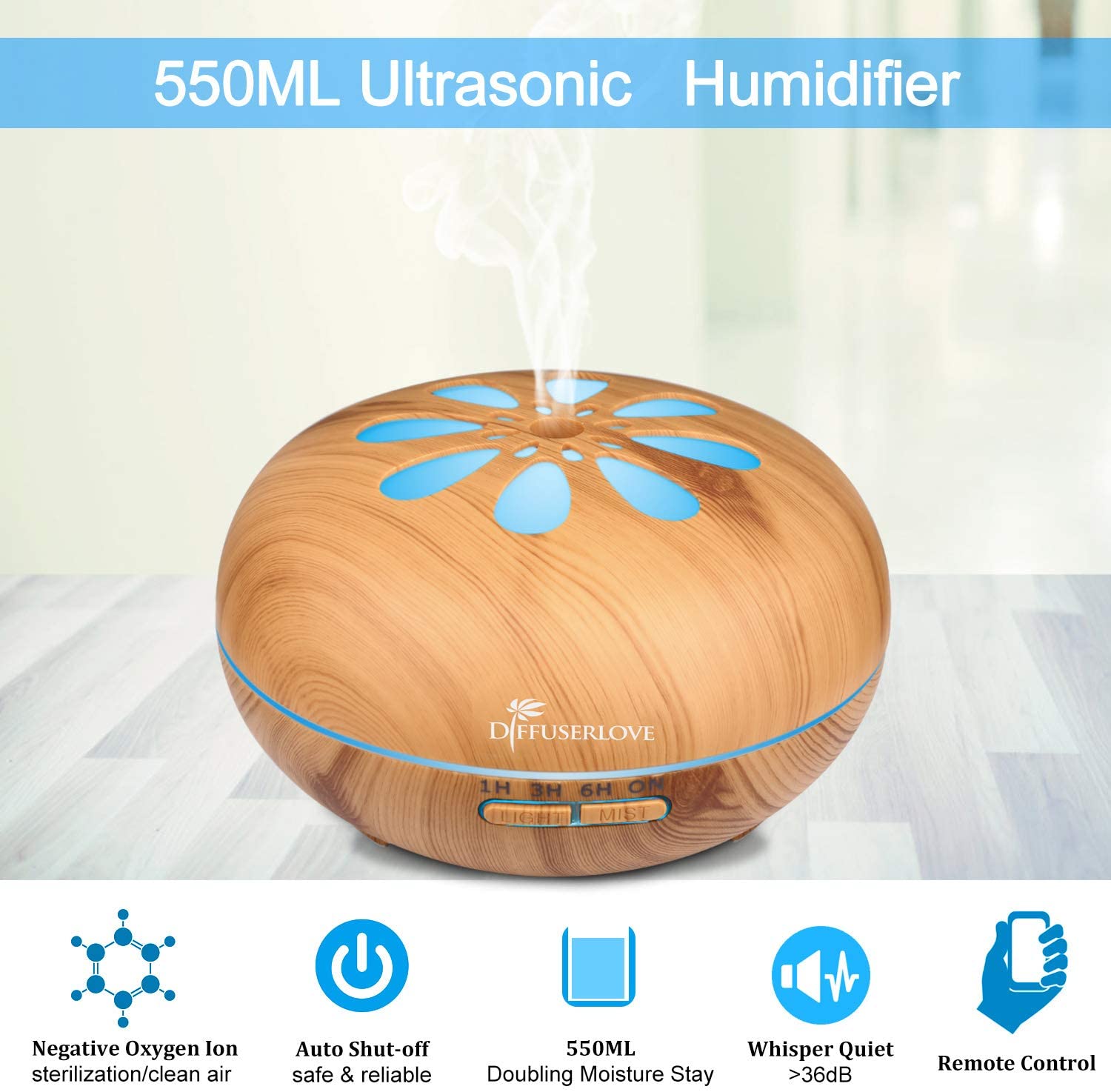 Diffuserlove 550ML Essential Oil Diffuser Humidifiers Wood Grain Cool Mist Humidifiers Ultrasonic Remote Control Aroma Diffusers for Home Bedroom Yoga Office Spa - Image 3