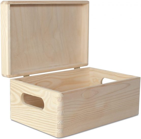 Creative Deco Large Plain Wooden Box Storage | 30 x 20 x 14 cm (+/1 cm) | with Lid & Handles | Unpainted Gift Box for Tool Dog Toy Shoes Clothes Kitchen Storage | ROUGH & UNSANDED Wood Keepsake Chest
