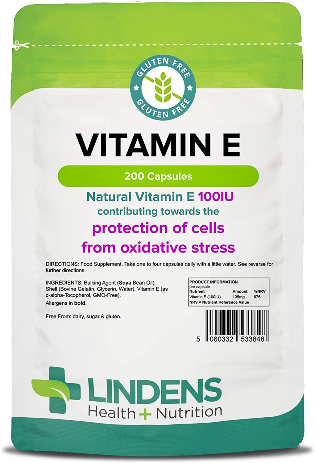 Lindens Vitamin E Oil 100IU - 200 Capsules - UK Made - Skin - Powerful Antioxidant, 200 count (Pack of 1)