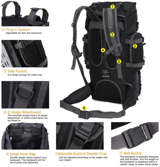 Mooedcoe 75L Large Hiking Backpack Outdoor Sports Water-Resistant Travel Daypack Mountaineering Climbing Trekking Camping Rucksack with Rain Cover - Image 4